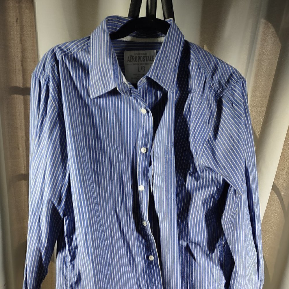 Aeropostale Men's 100% Cotton Blue With Yellow Stripes Dress Shirt Size Large